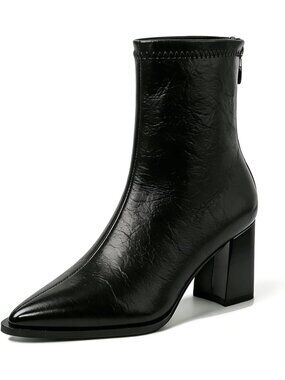 Women's Black Leather Pointed Toe Chunky Heel Dress Sock  Back Zipper Ankle Boot